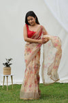 Pure Organza Saree with Floral Print and Golden Cutdana Border