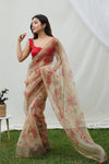 Pure Organza Saree with Floral Print and Golden Cutdana Border