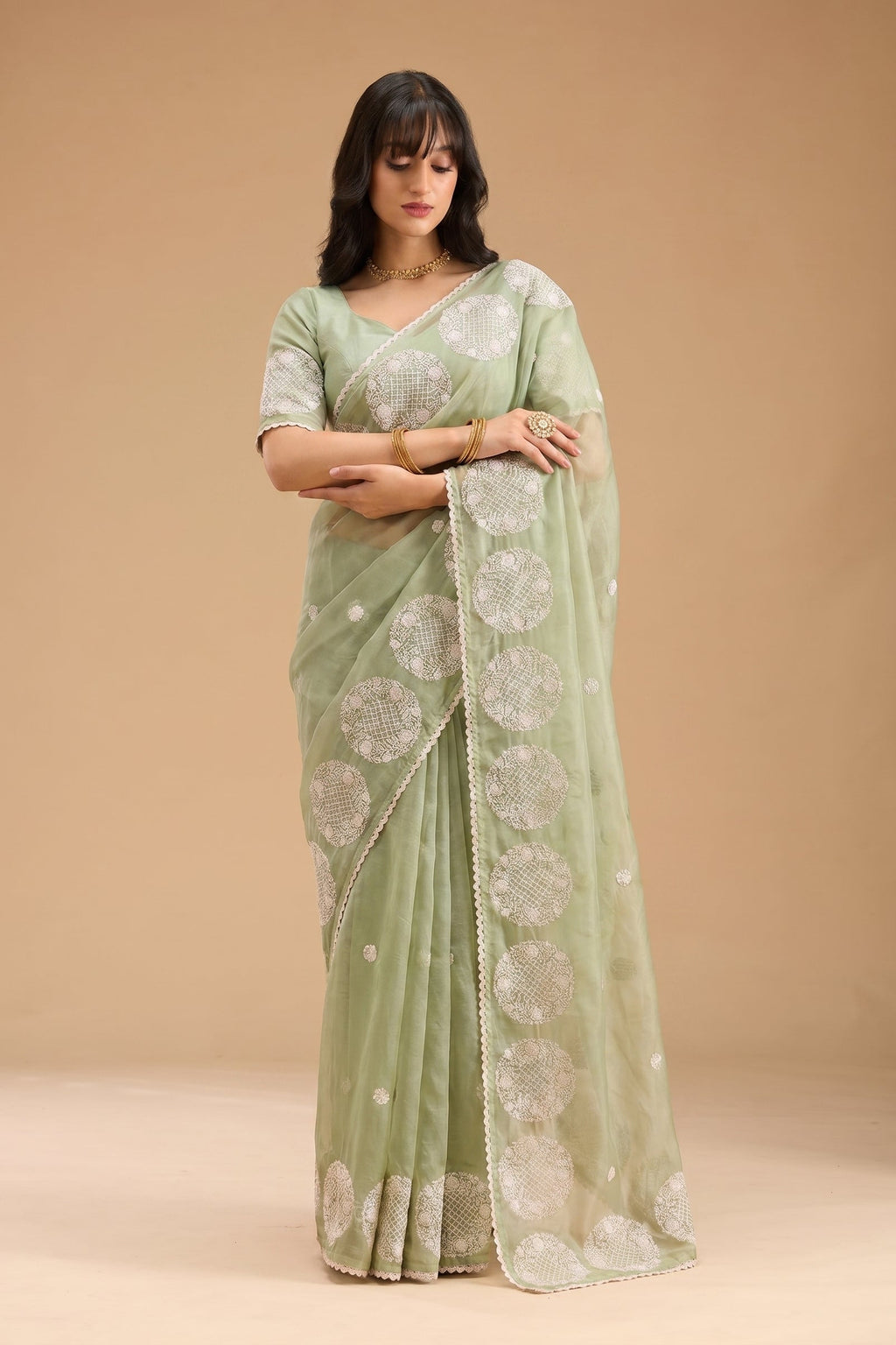 Woman wearing a light green saree with a beige background