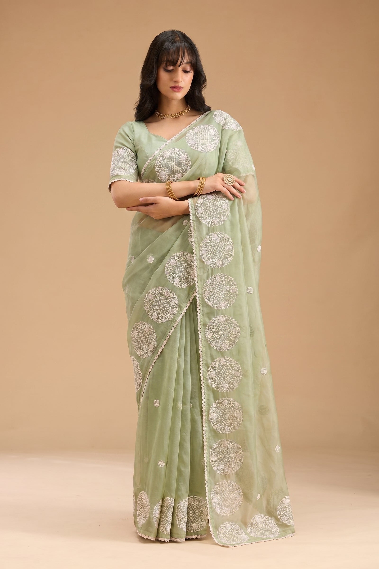 Woman wearing a light green saree with a beige background
