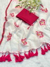 White scarf with pink floral patterns and tassels on a white background