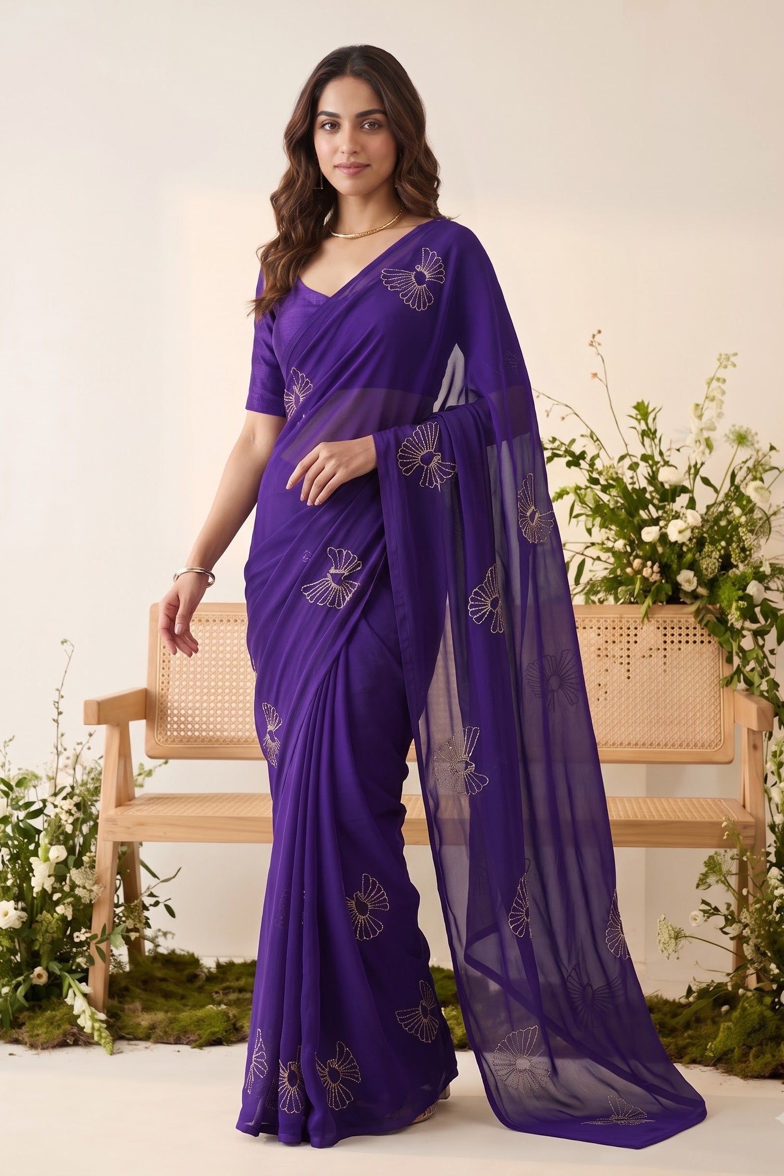 A woman models a purple georgette saree with butterfly embroidery, standing in front of a wooden bench decorated with white flowers.