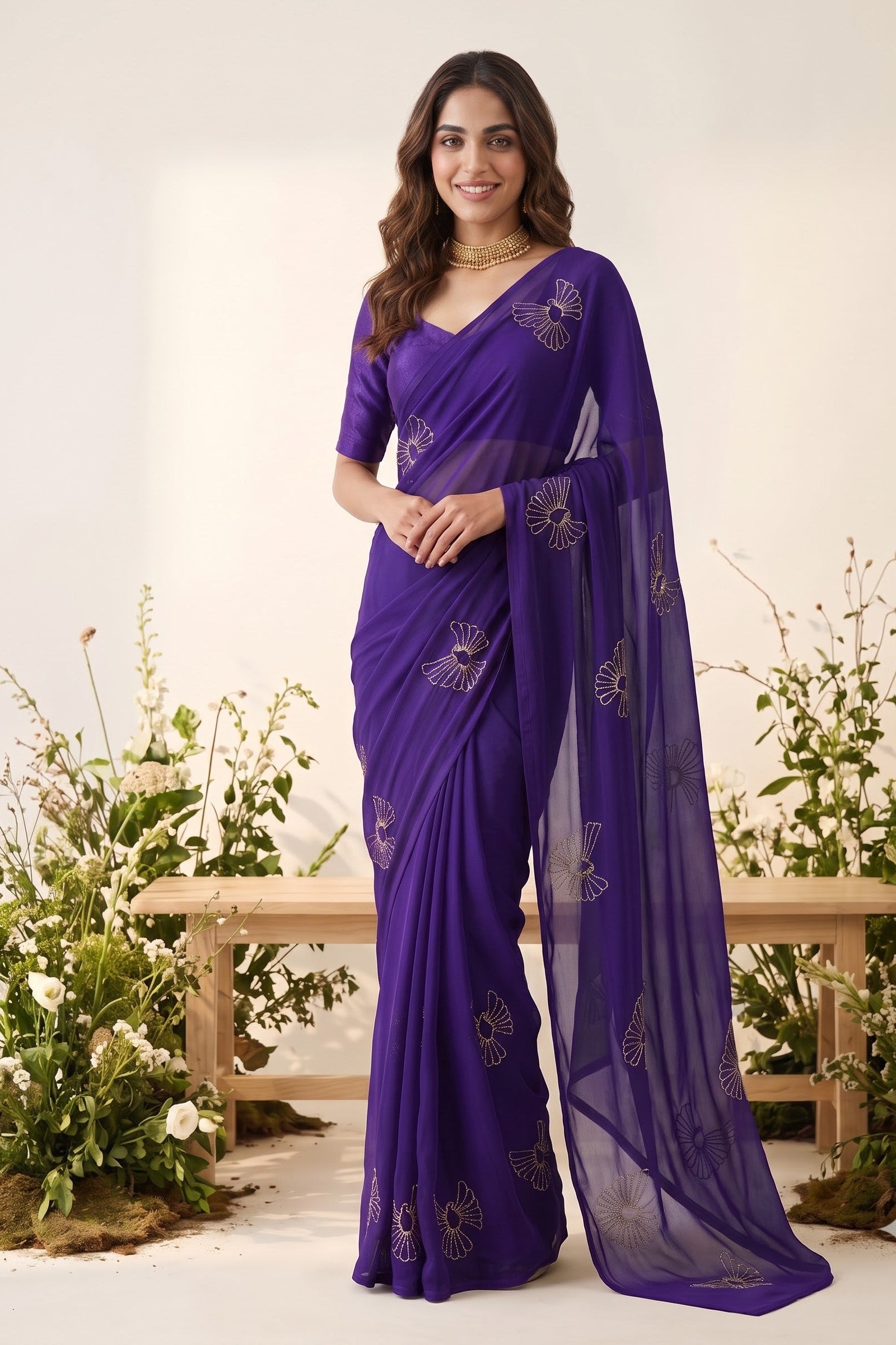 A woman models a purple saree with gold floral embroidery, standing in front of a light-colored wall with decorative plants and a wooden bench.