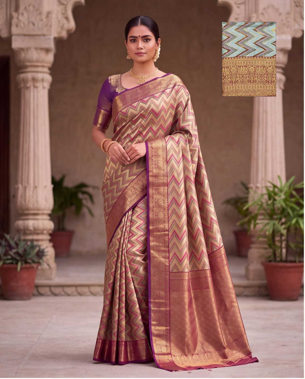 Zig Zag Jacquard Weave Kanjivaram Silk Saree - Image 2
