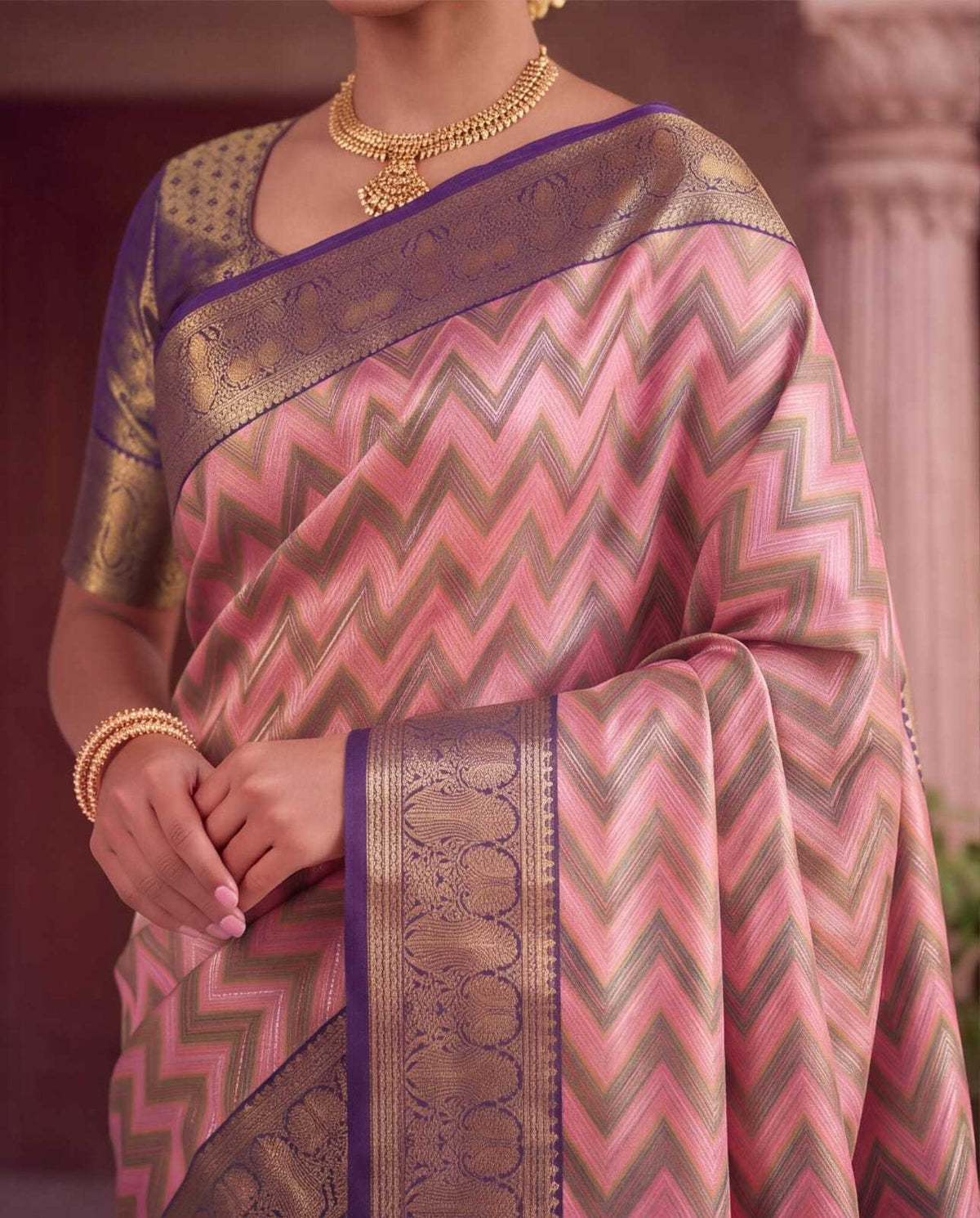 Zig Zag Jacquard Weave Kanjivaram Silk Saree - Image 4