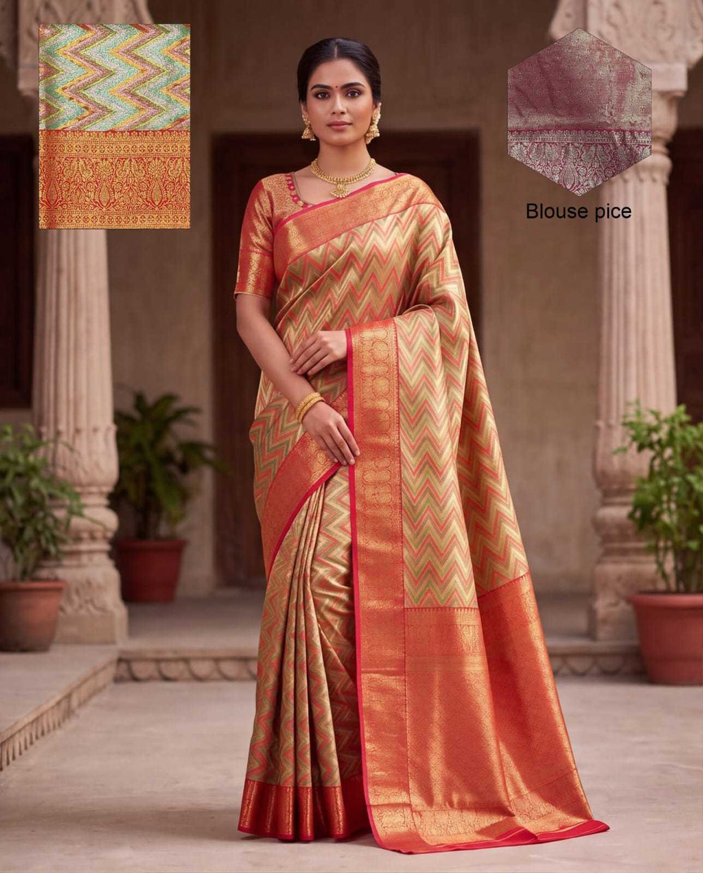 Zig Zag Jacquard Weave Kanjivaram Silk Saree - Image 1