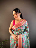 Floral digital print Lichi Silk saree with gold zari border - Image 1