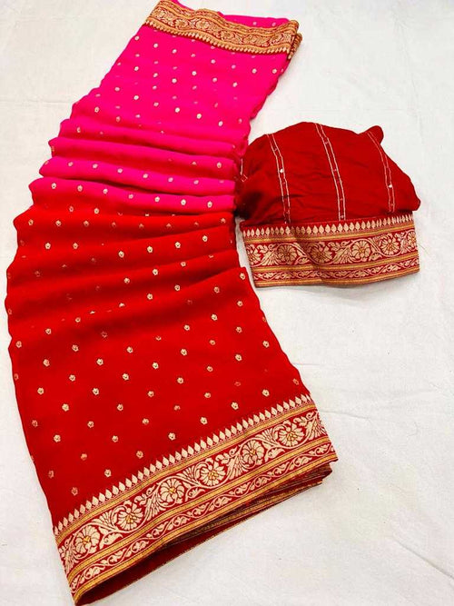 Red and Pink Georgette Saree with Foil Print and Lace Border - Image 1