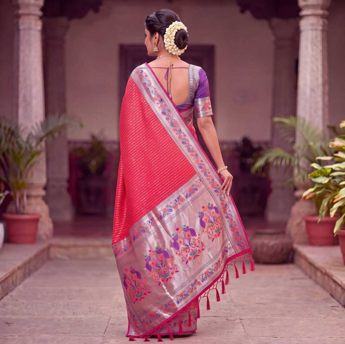 Paithani Soft Silk Saree with zari stripes and rich pallu - Image 11