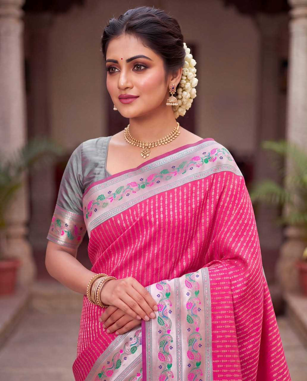 Paithani Soft Silk Saree with zari stripes and rich pallu - Image 12