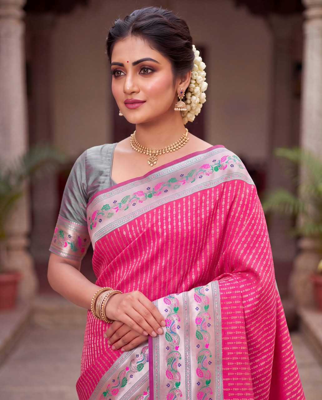 Paithani Soft Silk Saree with zari stripes and rich pallu - Image 12