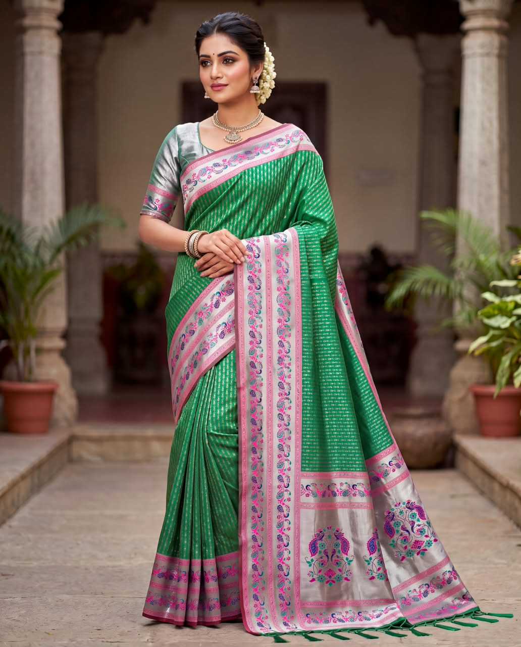 Paithani Soft Silk Saree with zari stripes and rich pallu - Image 3