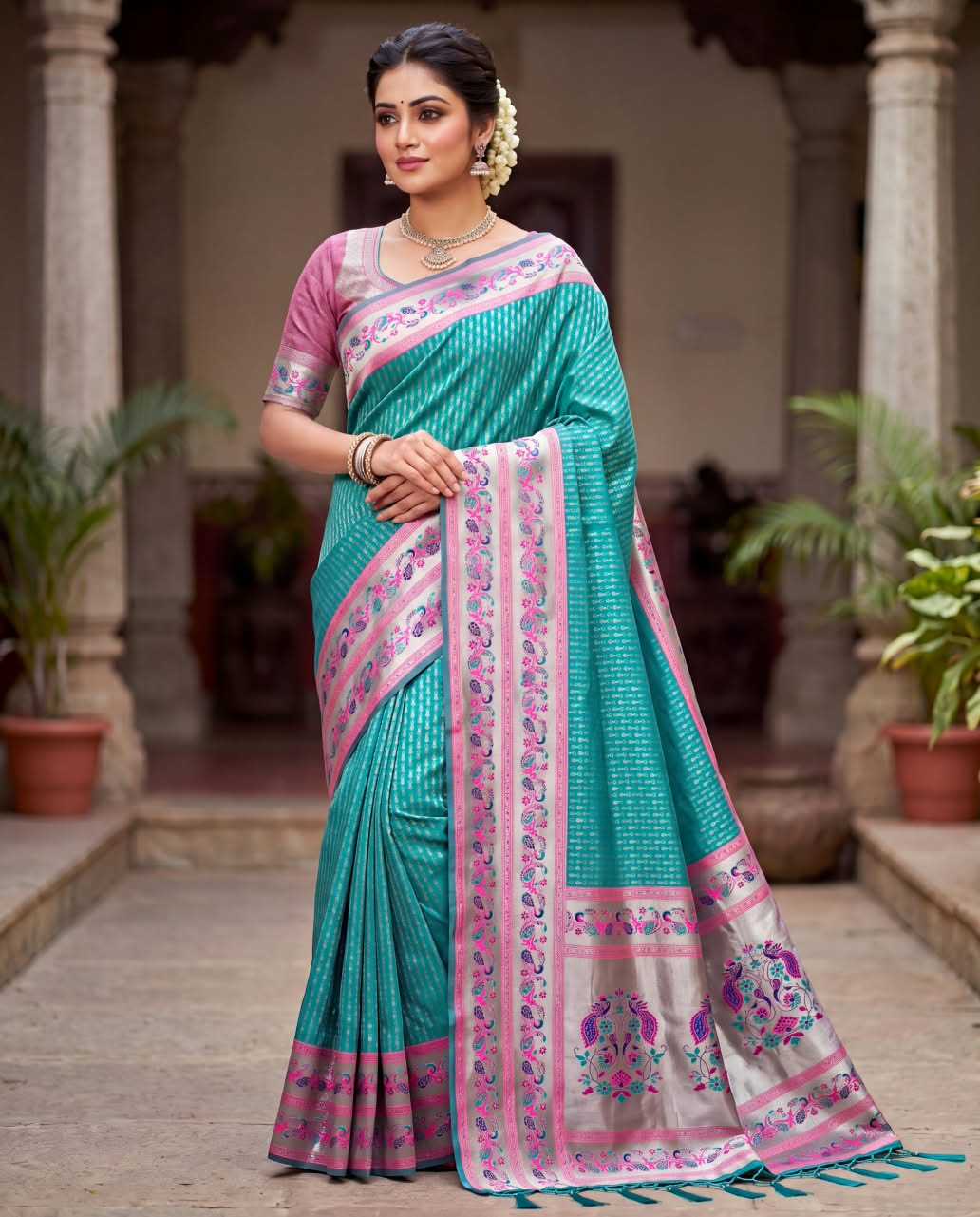Paithani Soft Silk Saree with zari stripes and rich pallu - Image 4