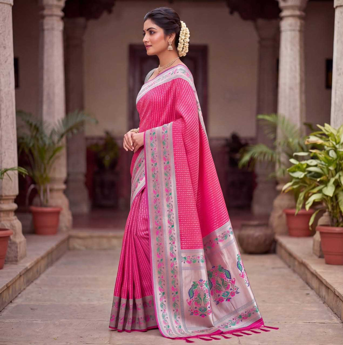 Paithani Soft Silk Saree with zari stripes and rich pallu - Image 5