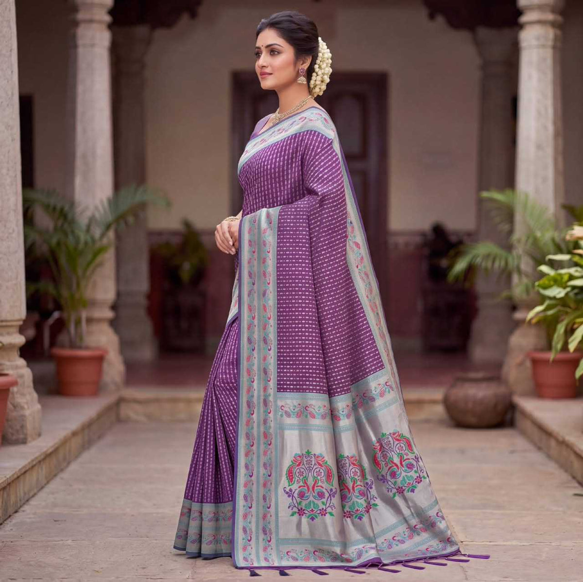 Paithani Soft Silk Saree with zari stripes and rich pallu - Image 7