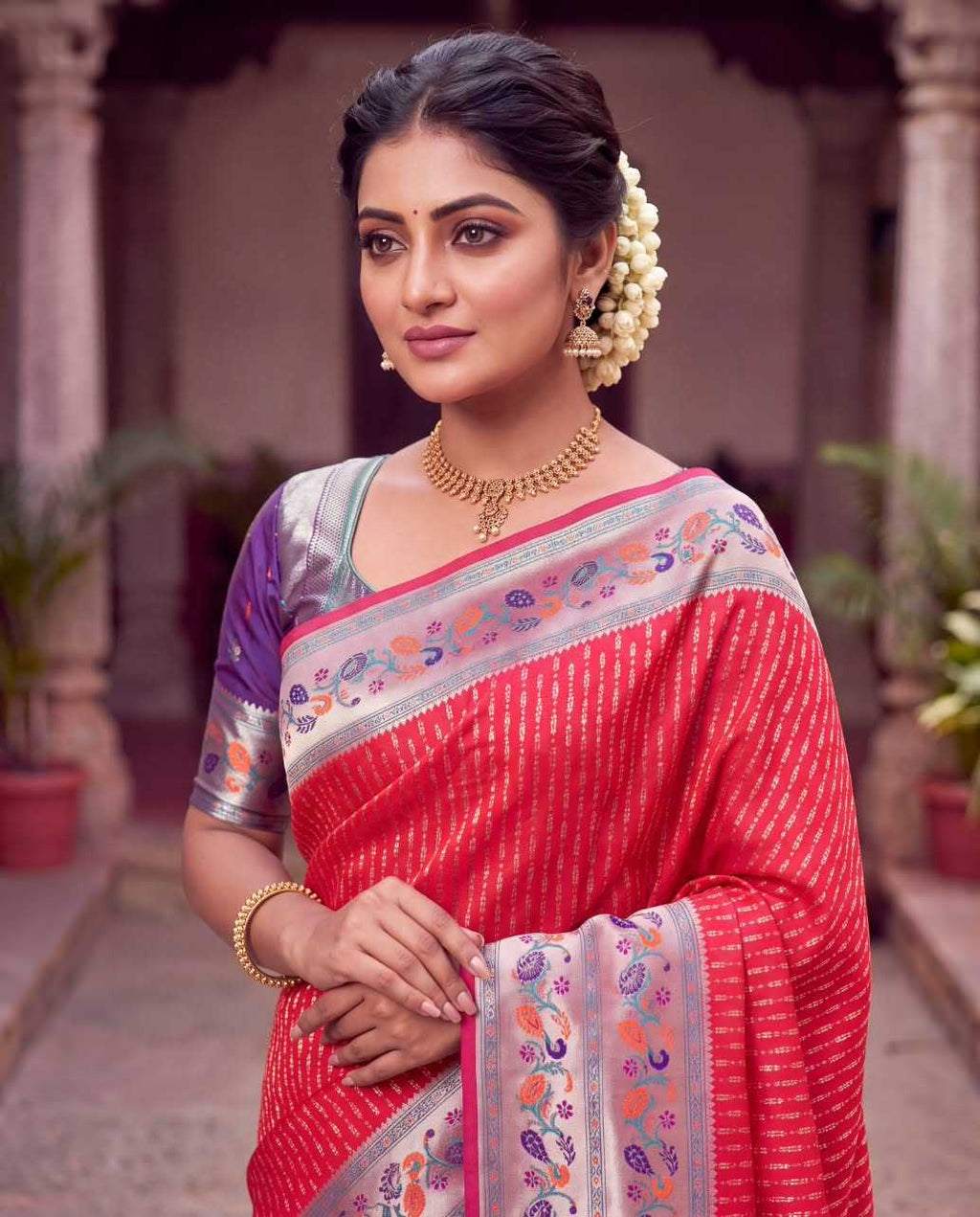 Paithani Soft Silk Saree with zari stripes and rich pallu - Image 9