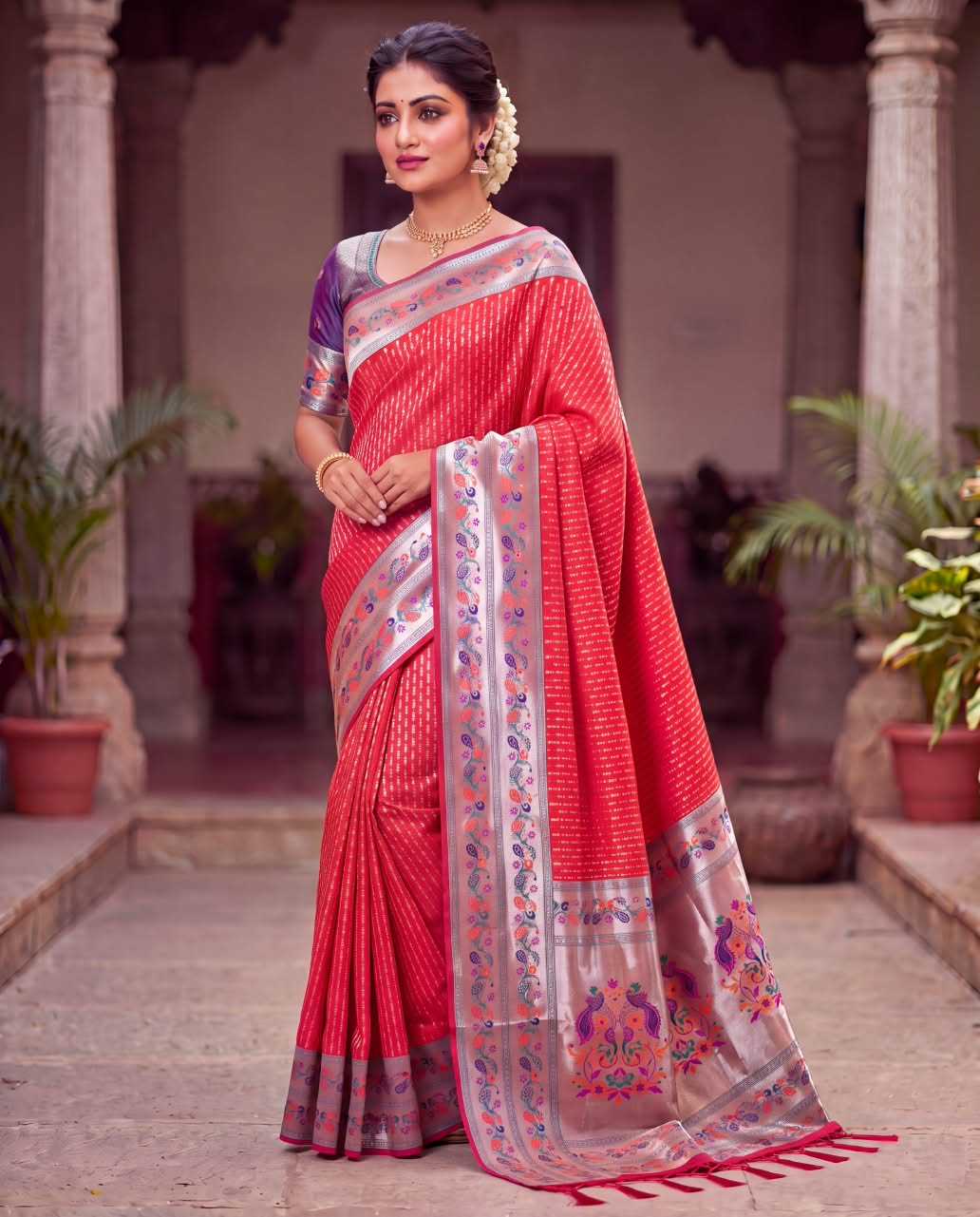 Paithani Soft Silk Saree with zari stripes and rich pallu - Image 10