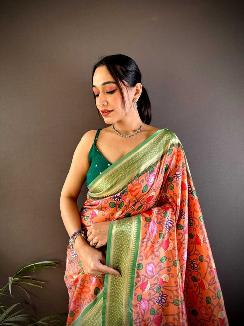 Floral digital print Lichi Silk saree with gold zari border - Image 2