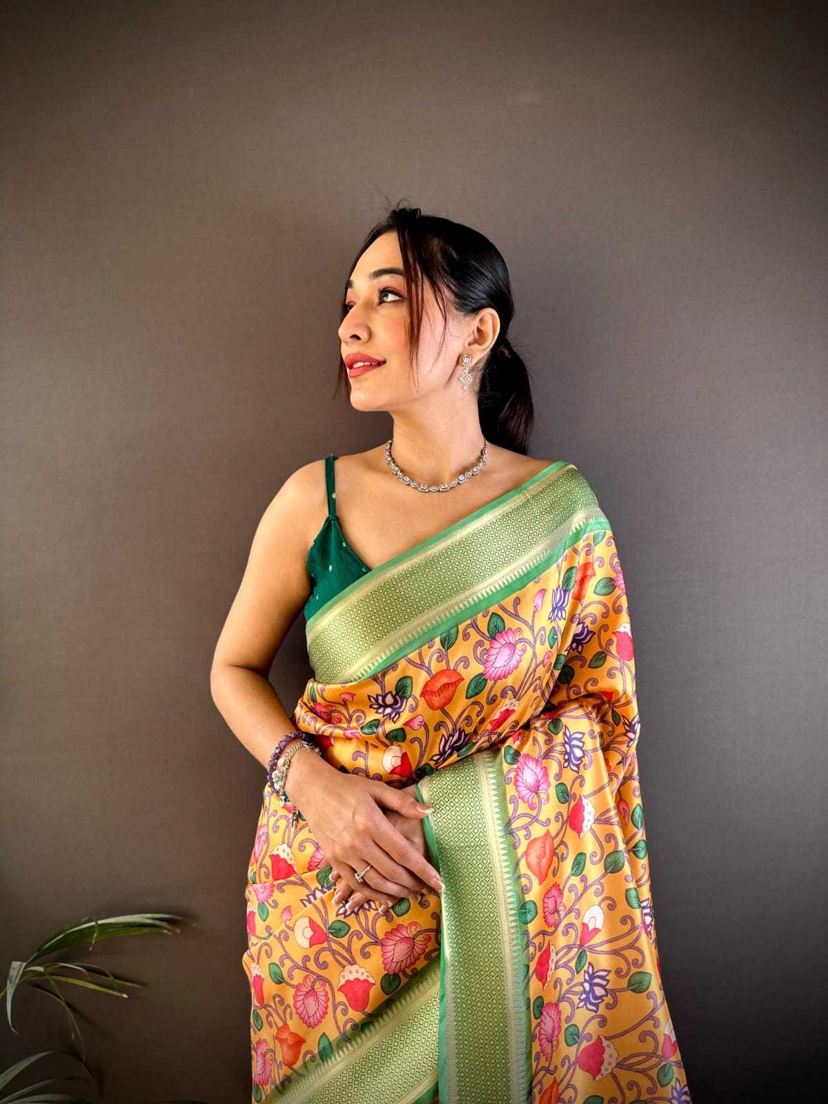 Floral digital print Lichi Silk saree with gold zari border - Image 3
