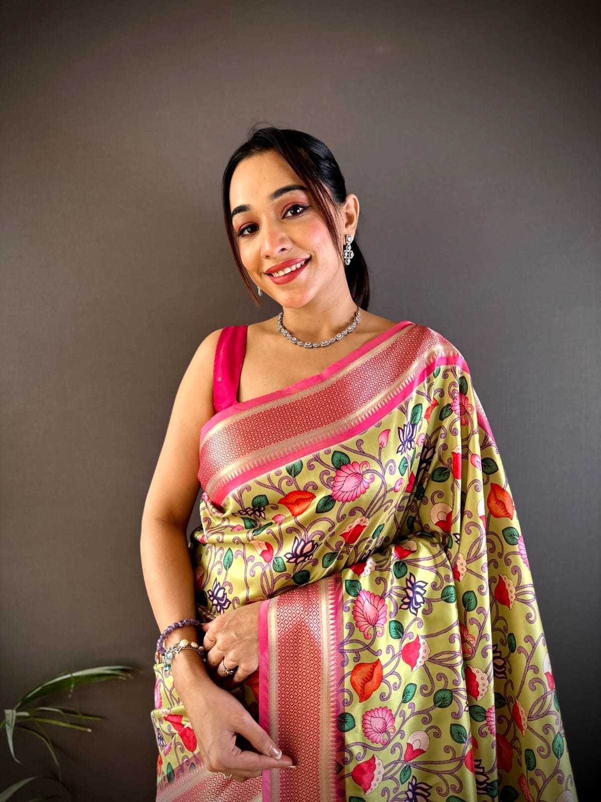 Floral digital print Lichi Silk saree with gold zari border - Image 4