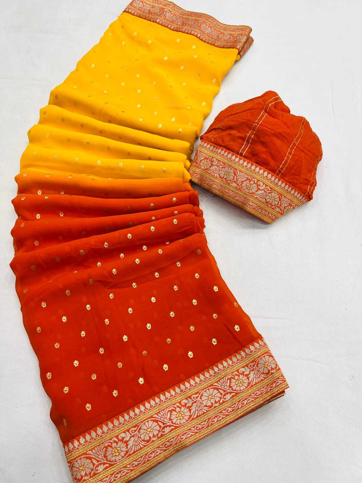 Red and Pink Georgette Saree with Foil Print and Lace Border - Image 2